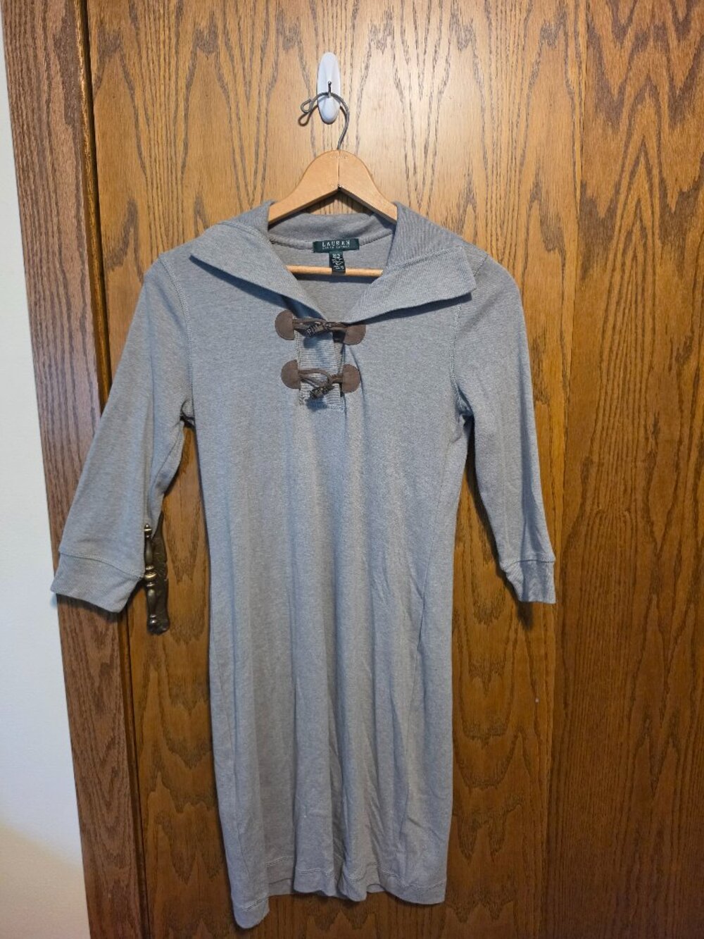 Lauren Ralph Lauren Grey Knit Toggle Sweater Dress 3/4 Sleeve Medium